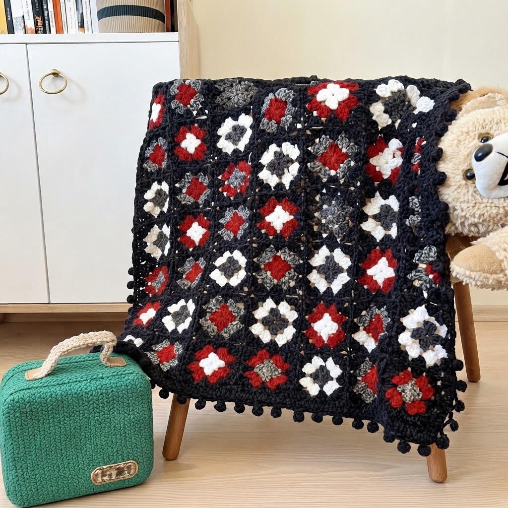 Zwarte gehaakte deken met rode, witte en grijze granny squares en pompon-rand, gedrapeerd over een houten kinderstoel