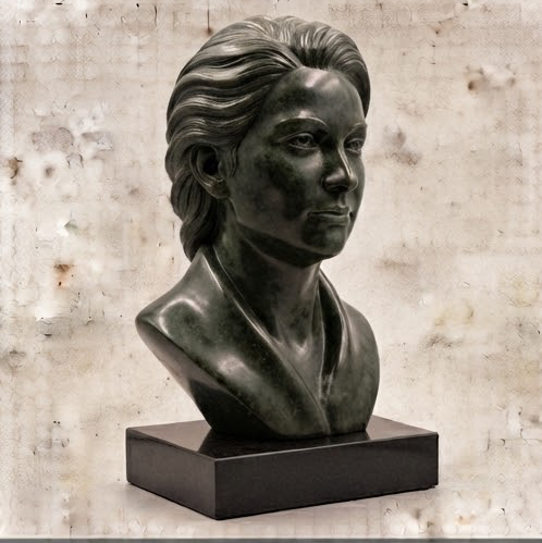 Een zwart bronzen buste van een man op een donkere sokkel tegen een witte betegelde muur.