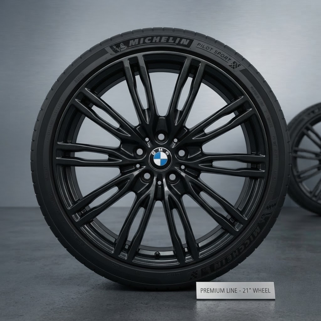 Een zwarte BMW-wiel met Michelin Pilot Sport band op grijze achtergrond