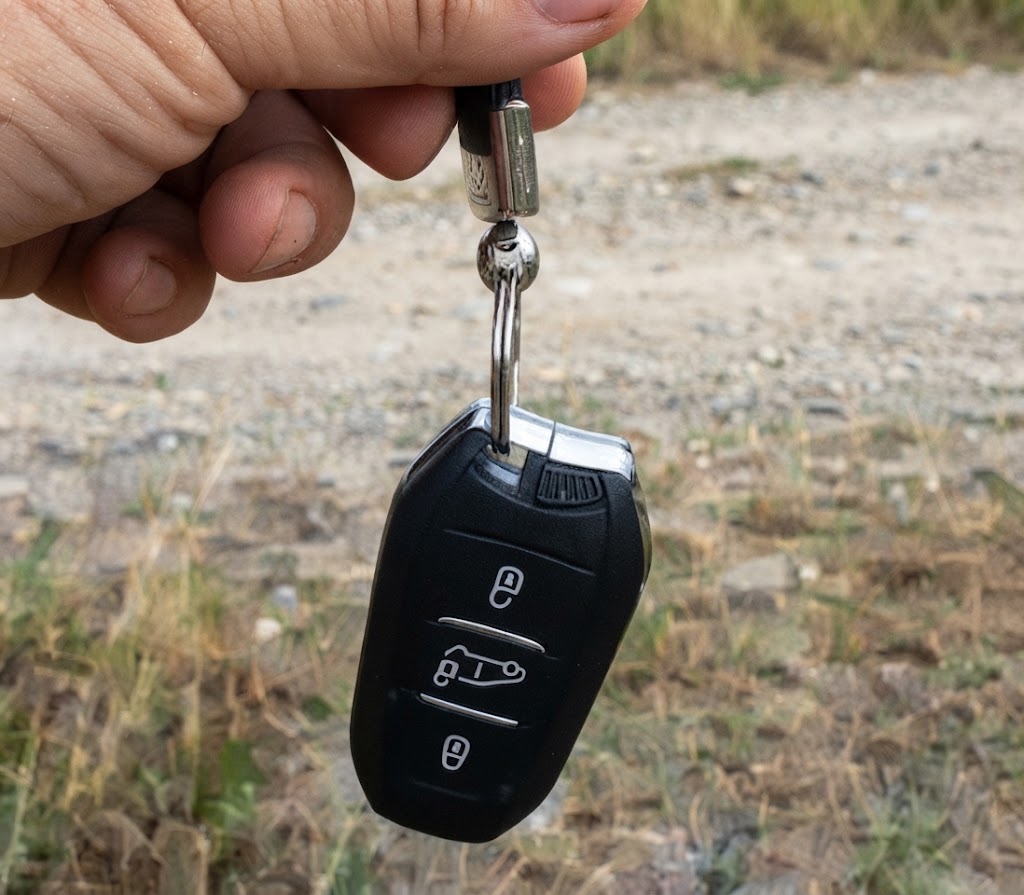 Hand houdt een autosleutel vast met afstandsbediening in het buitenlucht